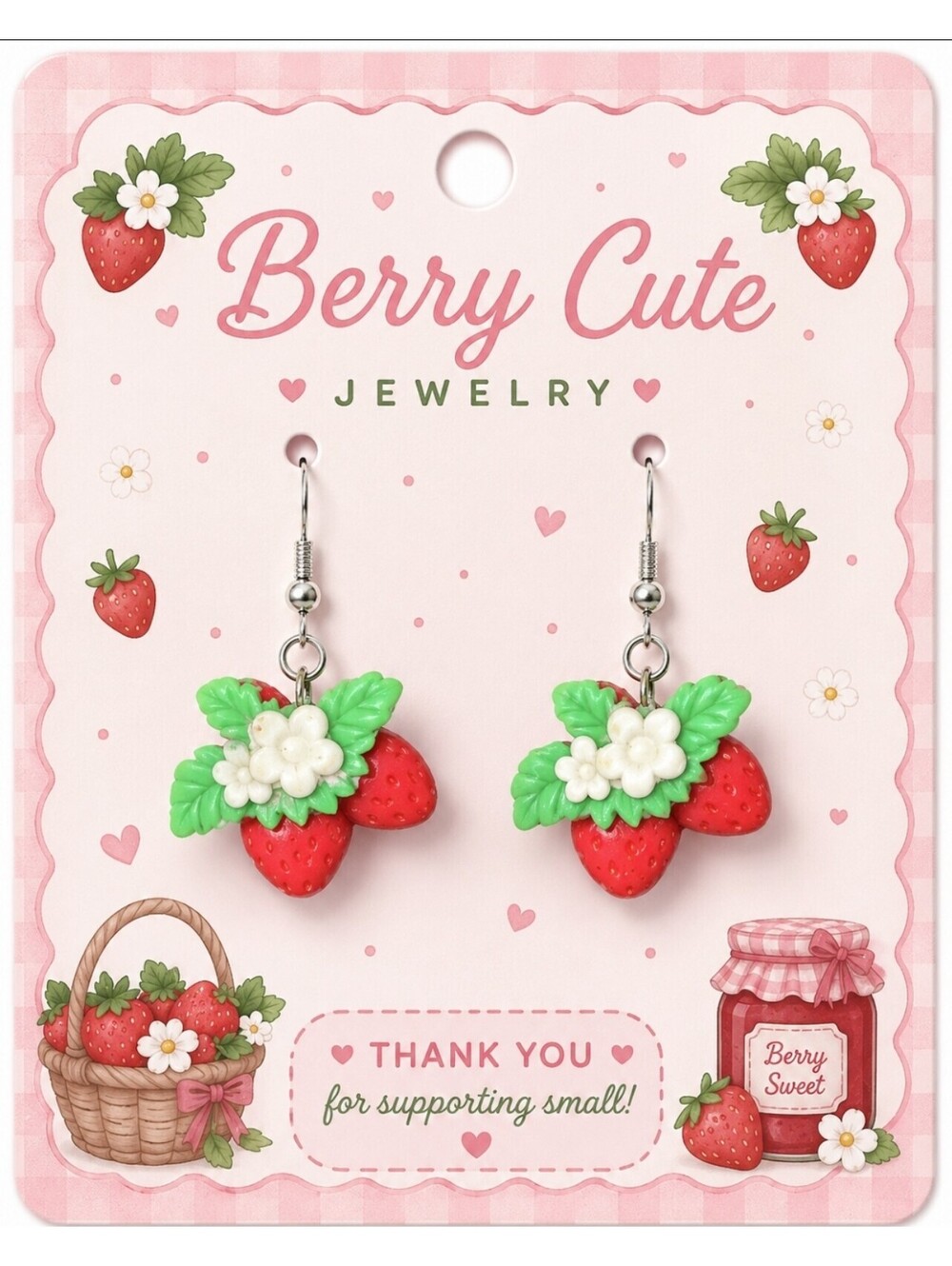 Kawaii Strawberry Blossoms Patch Summer Hypoallergenic Dangle Drop Earrings
